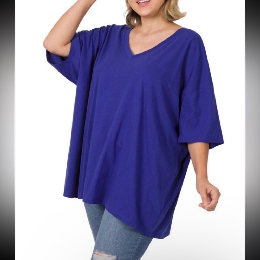 ZENANA Oversized Raw Edge Front Pocket Hi Low Tee Top